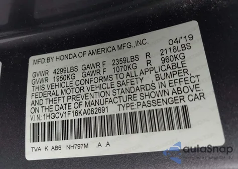 2019 Honda Accord Lx из США, поврежденный, VIN 1HGCV1F16KA082691